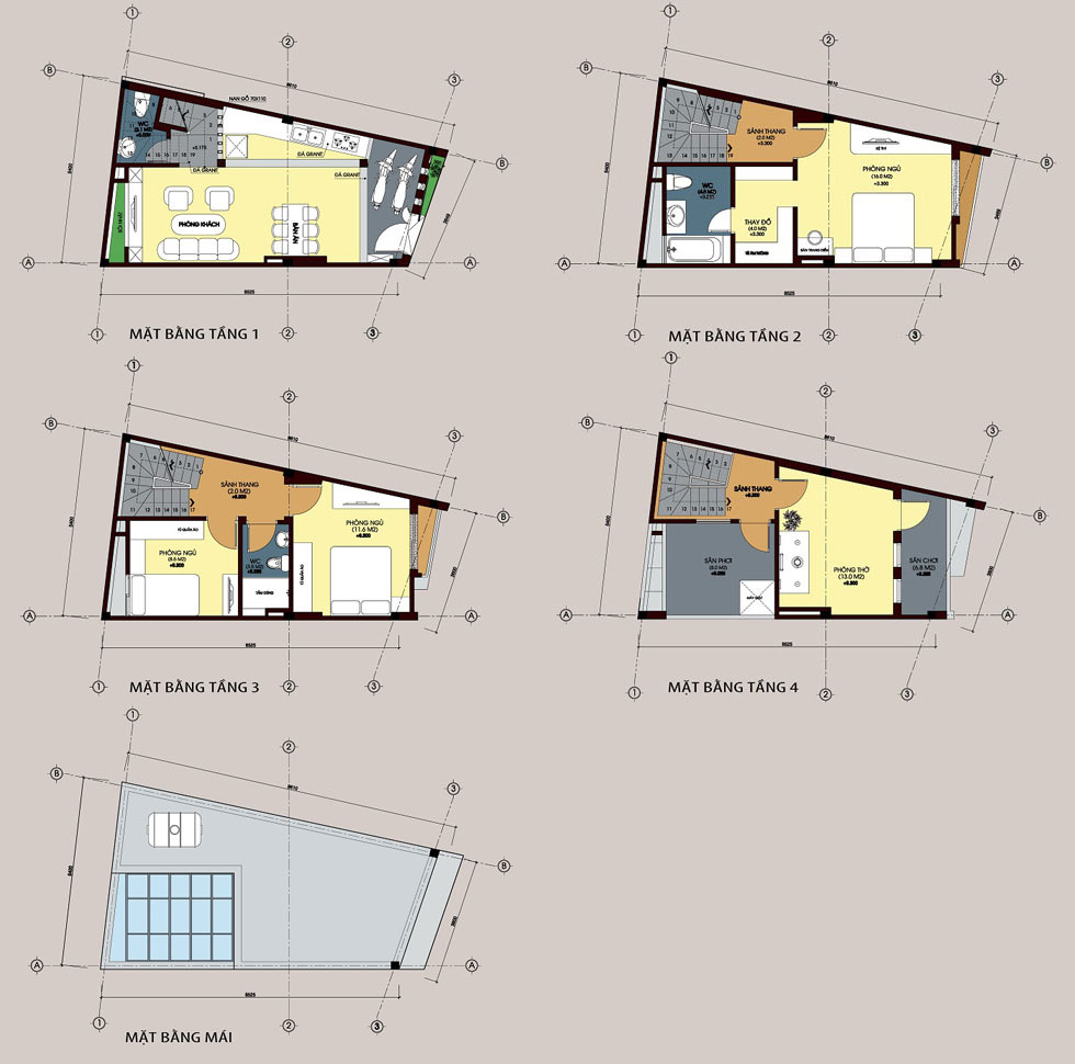 Mẫu thiết kế nhà nở hậu dạng ống 4 tấng và sân thượng